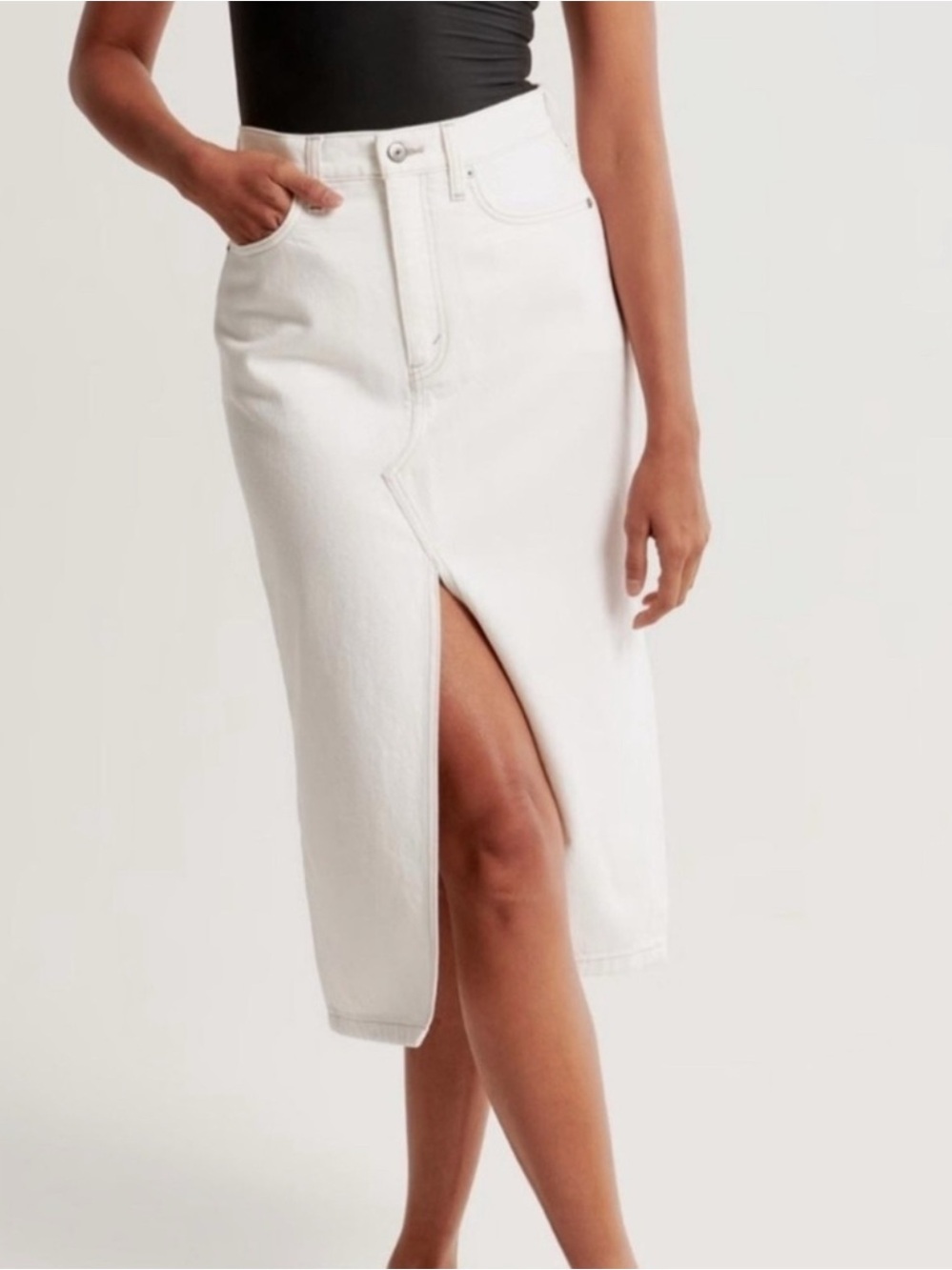 Abercrombie & Fitch White High-Rise Midi Denim Skirt with Front Slit